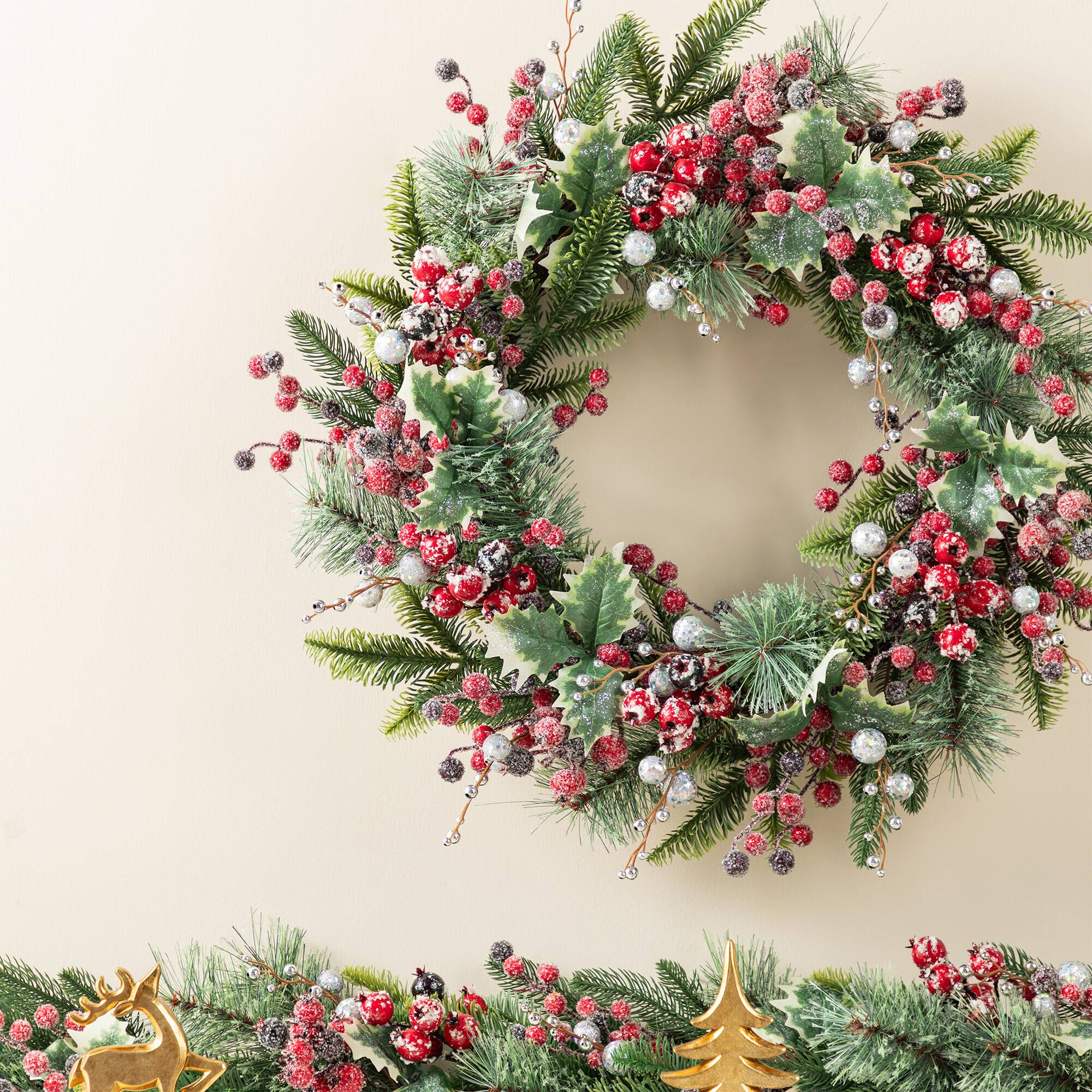 Glitzhome® 24"D Christmas Red Pomegranate Berry & Holy Leaf Wreath